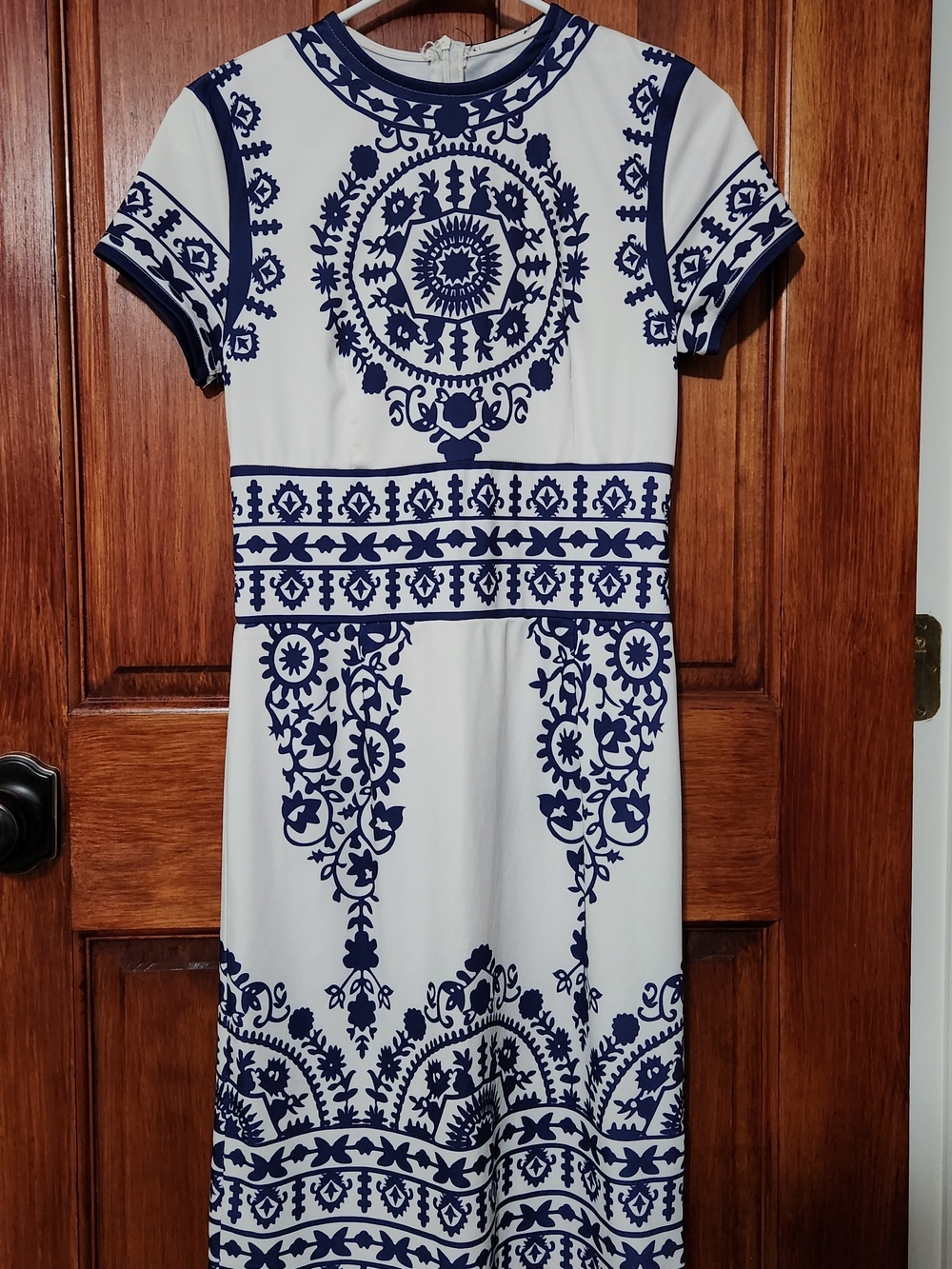 Women's White Dress with Navy Blue Medallion Print
